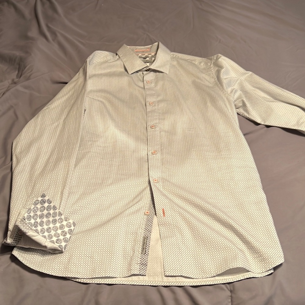 Ted Baker button down, only worn 3 times, has orange accents with navy circles